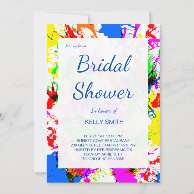 Cute colourful splatter paint design bridal shower invitation (Front)