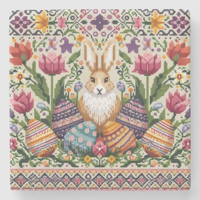 Cute/Colourful Spring/Easter fair isle  Stone Coaster (Front)