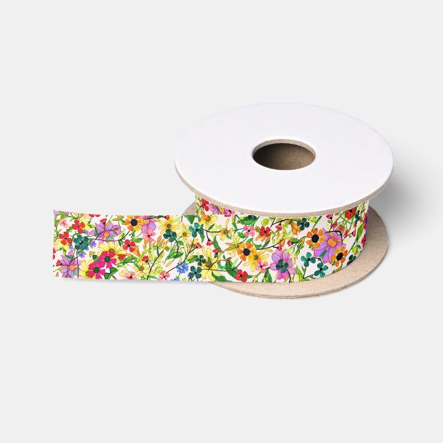 Cute colourful spring floral flowers satin ribbon (Spool)