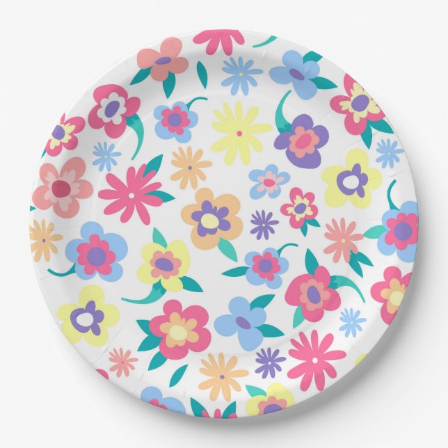 Cute colourful spring flowers pattern paper plate (Front)