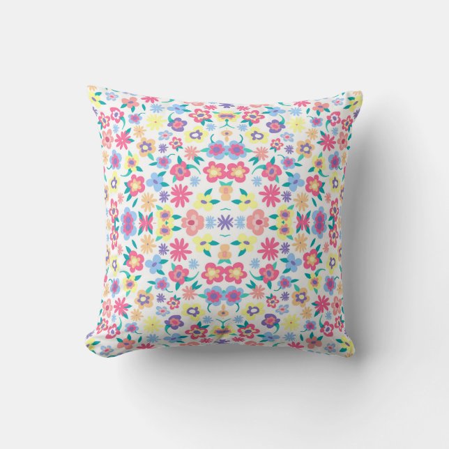 Cute colourful spring flowers pattern throw pillow (Front)
