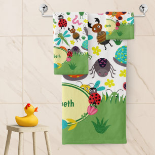 Cute Colourful Spring Insects Pattern Kids Bathroo Bath Towel Set