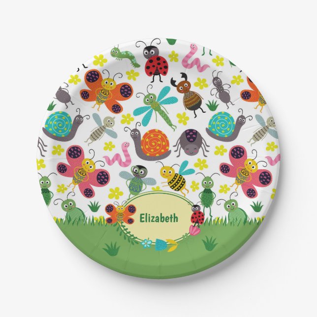 Cute Colourful Spring Insects Pattern Kids Party Paper Plate (Front)