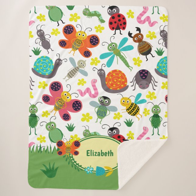 Cute Colourful Spring Insects Pattern Kids Sherpa Blanket (Front)
