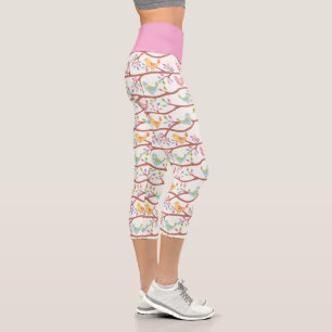 Cute Colourful Spring Tree Branches And Birds Capri Leggings