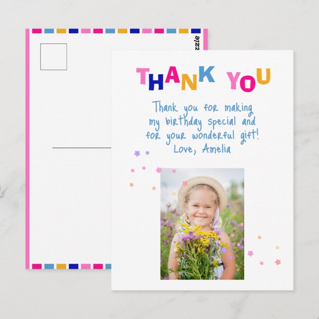 Cute Colourful Stars Girl Photo Birthday Thank you Postcard (Front/Back)