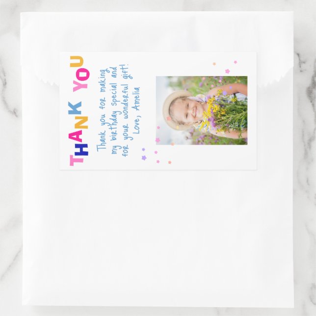 Cute Colourful Stars Girl Photo Birthday Thank you Sticker (Bag)