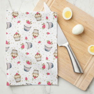Cute Colourful Strawberry Cupcake Dessert Pattern Kitchen Towel