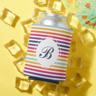 Cute Colourful Striped Pattern With Monogram Can Cooler