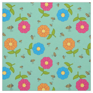 Cute Colourful Stylized Flowers & Honey Bees Fabric