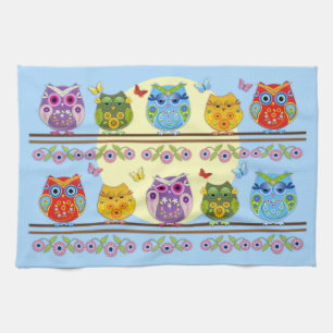 Cute colourful summer owls kitchen towel
