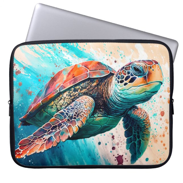 Cute Colourful Swimming Sea Turtle Laptop Sleeve (Front)