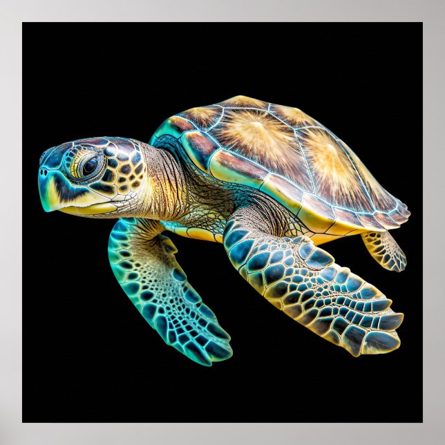 Cute Colourful Swimming Tortoise Illustration Poster (Front)