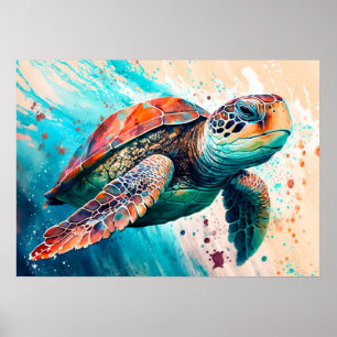 Cute Colourful Swimming Turtle Illustration Poster