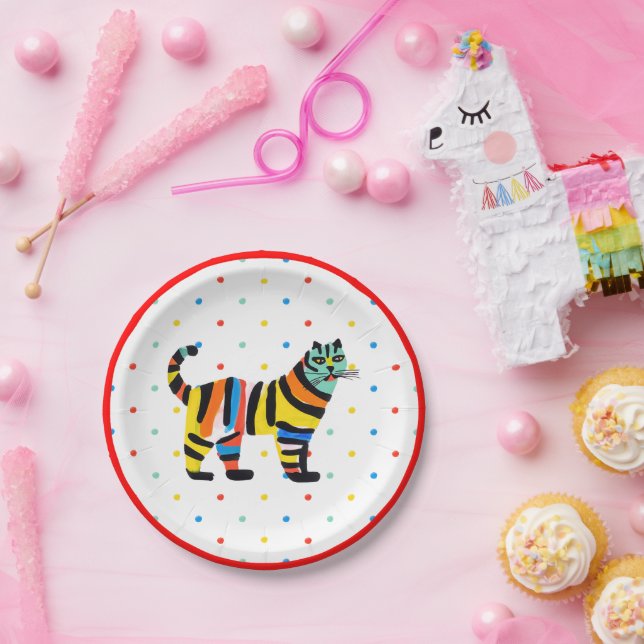 Cute Colourful Tiger Cat Polka Dot Birthday Paper Plate (Party)