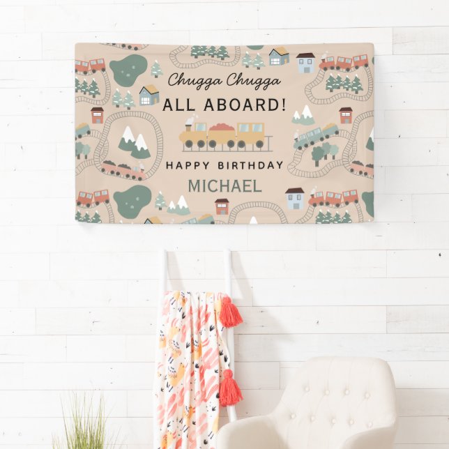 Cute Colourful Trains on Train Tracks Kids Birthda Banner (Insitu)