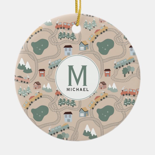 Cute Colourful Trains on Train Tracks Kids Monogra Ceramic Ornament (Front)
