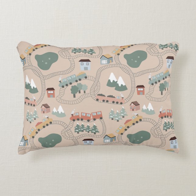 Cute Colourful Trains on Train Tracks Kids Pattern Accent Pillow (Front)
