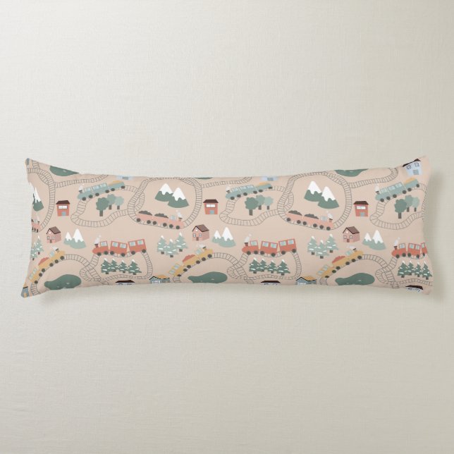Cute Colourful Trains on Train Tracks Kids Pattern Body Pillow (Front)