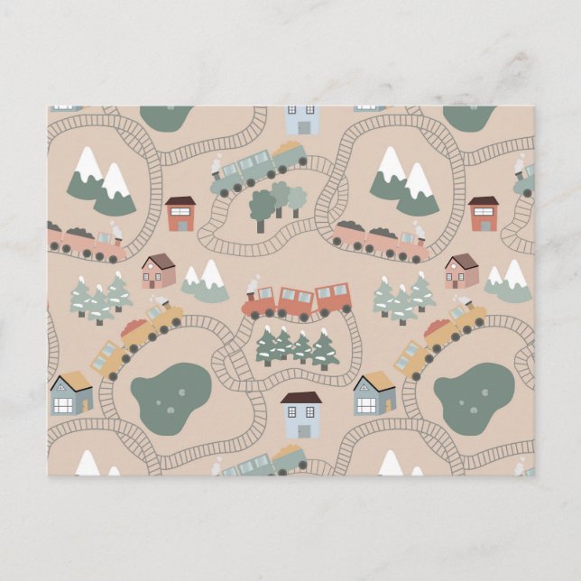 Cute Colourful Trains on Train Tracks Kids Pattern Holiday Postcard (Front)