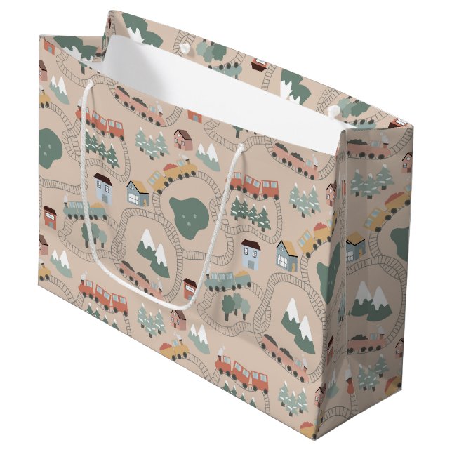 Cute Colourful Trains on Train Tracks Kids Pattern Large Gift Bag (Front Angled)