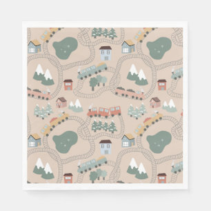 Cute Colourful Trains on Train Tracks Kids Pattern Napkin