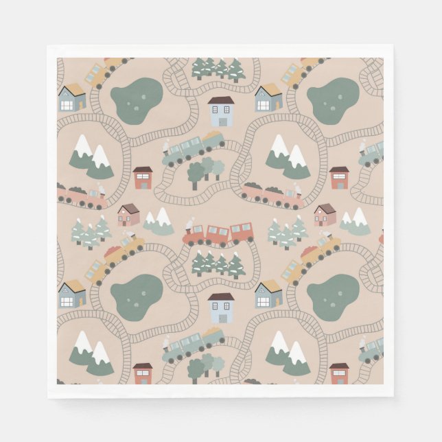Cute Colourful Trains on Train Tracks Kids Pattern Napkin (Front)