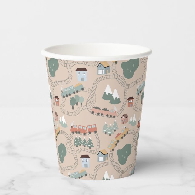 Cute Colourful Trains on Train Tracks Kids Pattern Paper Cups (Front)