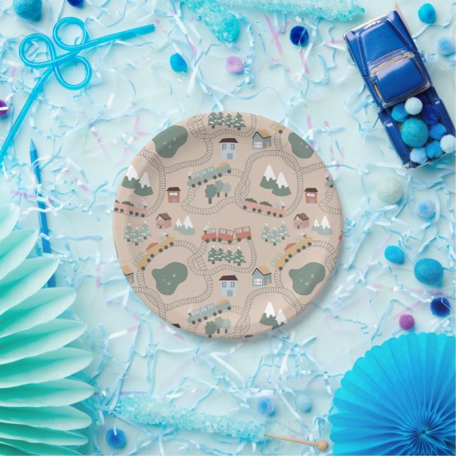 Cute Colourful Trains on Train Tracks Kids Pattern Paper Plate (Party)
