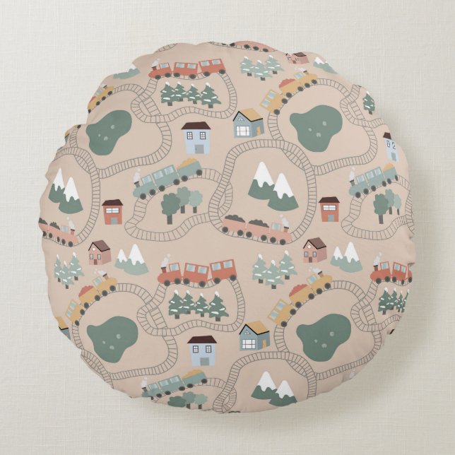 Cute Colourful Trains on Train Tracks Kids Pattern Round Pillow (Front)