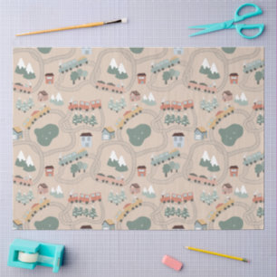 Cute Colourful Trains on Train Tracks Kids Pattern Tissue Paper