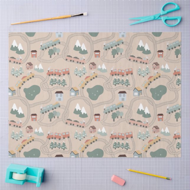 Cute Colourful Trains on Train Tracks Kids Pattern Tissue Paper (Craft)