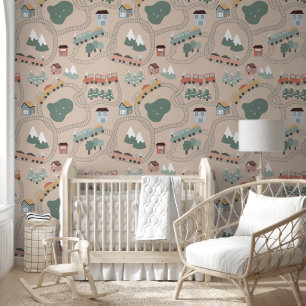 Cute Colourful Trains on Train Tracks Kids Pattern Wallpaper