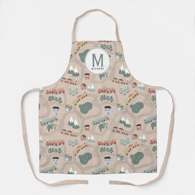 Cute Colourful Trains on Train Tracks Monogram Apron (Front)