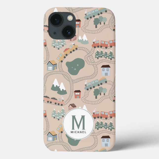 Cute Colourful Trains on Train Tracks Monogram Case-Mate iPhone Case (Back)