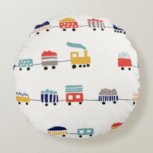 Cute, colourful trains seamless pattern. round pillow