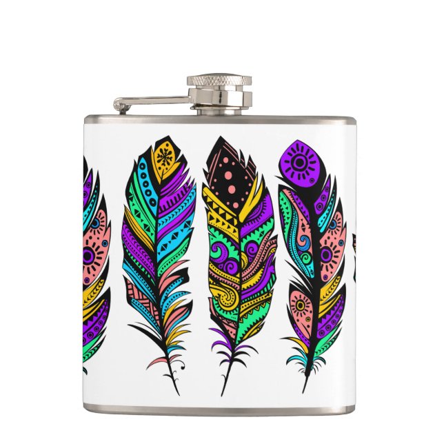 Cute Colourful Tribal Feathers Hip Flask (Front)