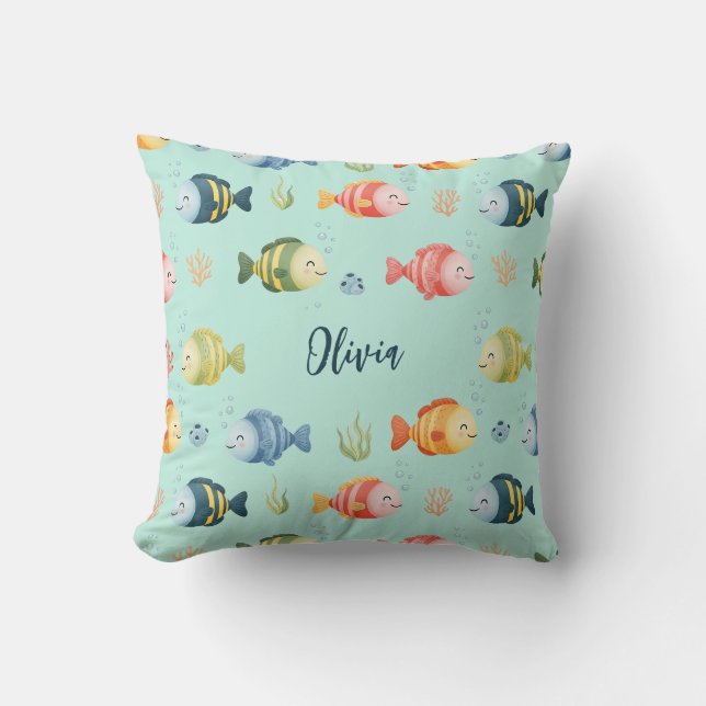 Cute Colourful Tropical Fish Pattern Throw Pillow (Front)
