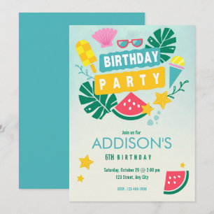 Cute Colourful Tropical Summer Pool Birthday Party Invitation