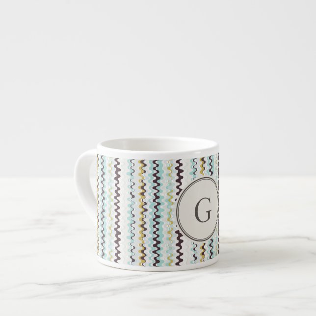 Cute colourful turquoise abstract pattern monogram espresso cup (Front Left)