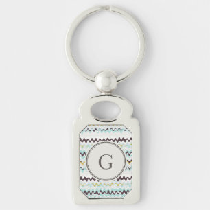 Cute colourful turquoise abstract pattern monogram keychain