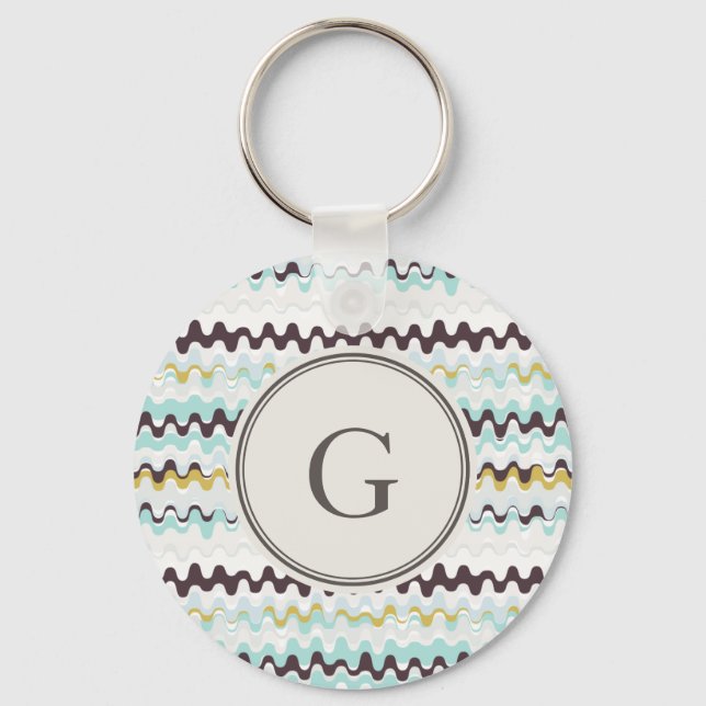 Cute colourful turquoise abstract pattern monogram keychain (Front)