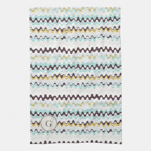 Cute colourful turquoise abstract pattern monogram kitchen towel (Vertical)