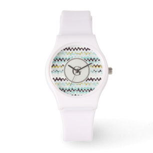 Cute colourful turquoise abstract pattern monogram watch