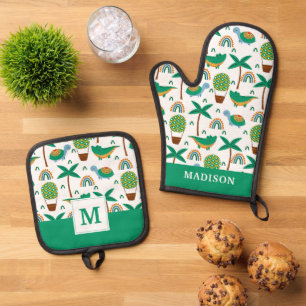 Cute Colourful Turtle Alligator Rainbow Pattern Oven Mitt & Pot Holder Set
