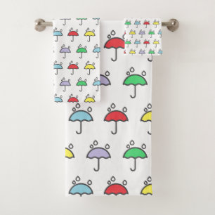 Cute Colourful Umbrellas and Raindrops Pattern Bath Towel Set