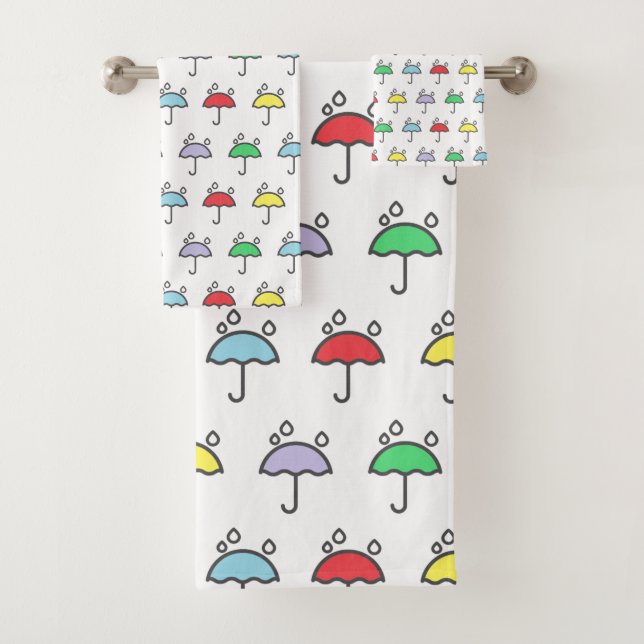 Cute Colourful Umbrellas and Raindrops Pattern Bath Towel Set (Insitu)