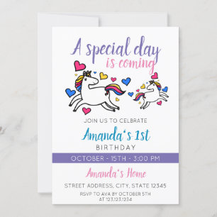 Cute Colourful Unicorn 1st Birthday Invitation