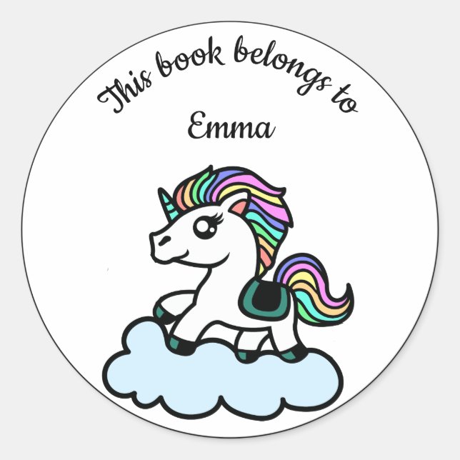 Cute colourful unicorn custom name book label (Front)