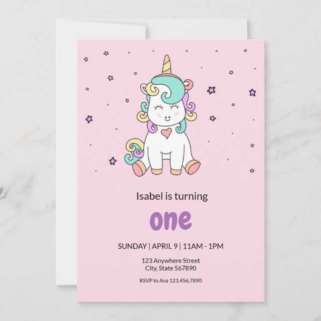 Cute Colourful Unicorn | Pastel Pink Birthday Invitation (Front)